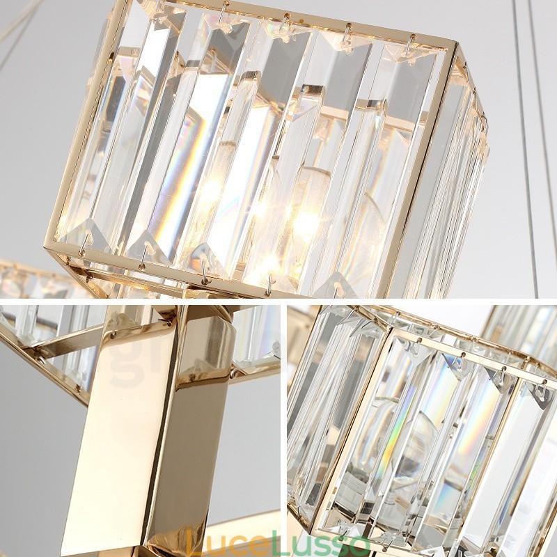 Lampada a sospensione moderna contemporanea in acciaio da 10 luci con paralume in cristallo