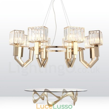 Lampada a sospensione moderna contemporanea in acciaio a 8 luci con paralume in cristallo Lampada a sospensione moderna contemporanea in acciaio a 8 luci con paralume in cristallo