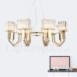 Lampada a sospensione moderna contemporanea in acciaio a 8 luci con paralume in cristallo