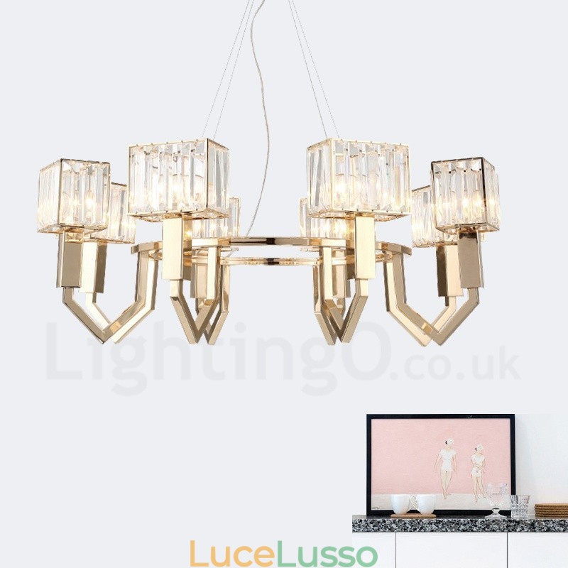 Lampada a sospensione moderna contemporanea in acciaio a 8 luci con paralume in cristallo