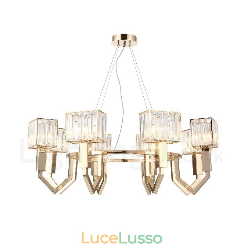 Lampada a sospensione moderna contemporanea in acciaio a 8 luci con paralume in cristallo