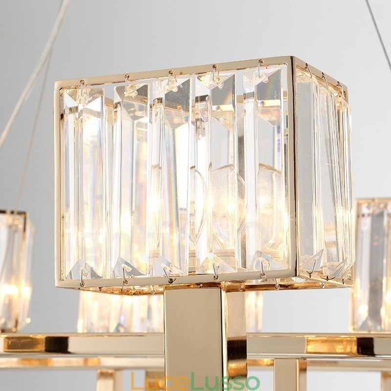 Lampada a sospensione moderna contemporanea in acciaio a 6 luci con paralume in cristallo