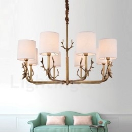 Lampadario rustico in ottone a 8 luci con paralume in tessuto