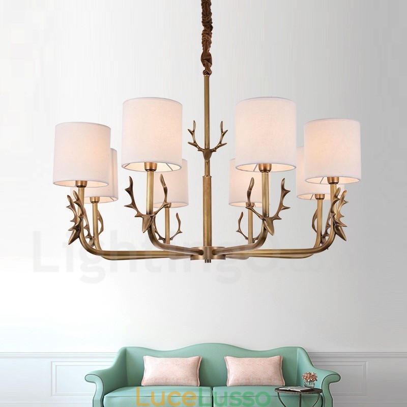 Lampadario rustico in ottone a 8 luci con paralume in tessuto