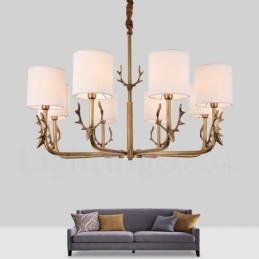 Lampadario rustico in ottone a 8 luci con paralume in tessuto