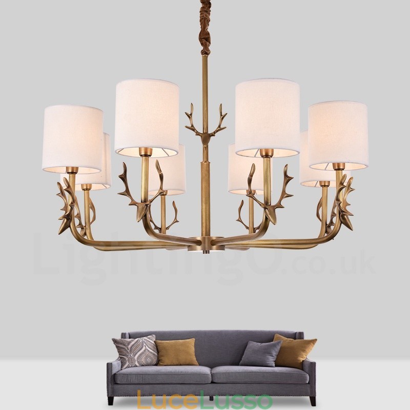 Lampadario rustico in ottone a 8 luci con paralume in tessuto