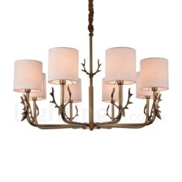 Lampadario rustico in ottone a 8 luci con paralume in tessuto