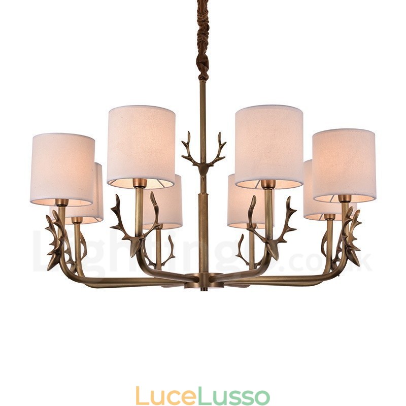 Lampadario rustico in ottone a 8 luci con paralume in tessuto