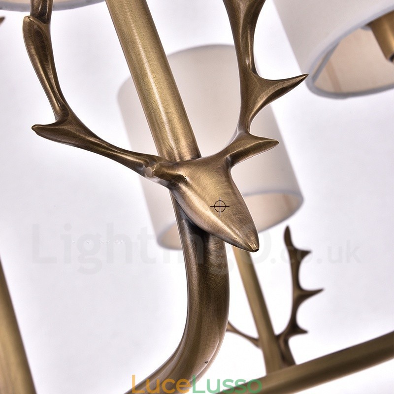 Lampadario rustico in ottone a 8 luci con paralume in tessuto