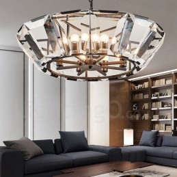 Lampada a sospensione moderna contemporanea in acciaio a 8 luci con paralume in cristallo