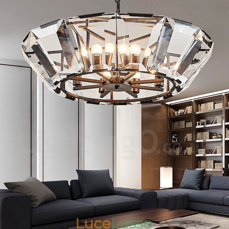 Lampada a sospensione moderna contemporanea in acciaio a 8 luci con paralume in cristallo