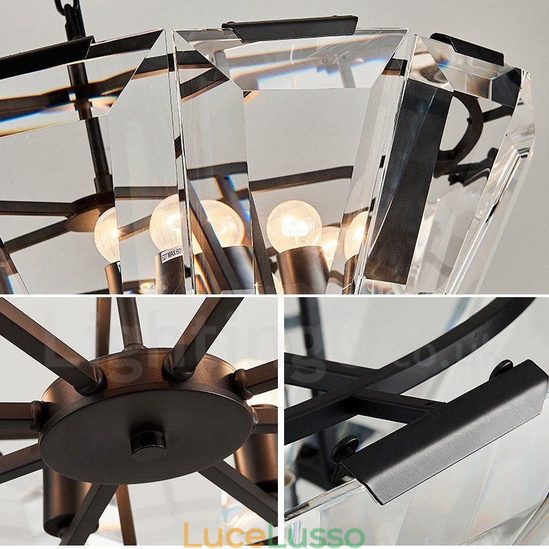 Lampada a sospensione moderna contemporanea in acciaio a 8 luci con paralume in cristallo