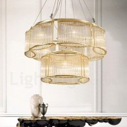 Lampada a sospensione moderna contemporanea in acciaio con 11 luci e paralume in cristallo