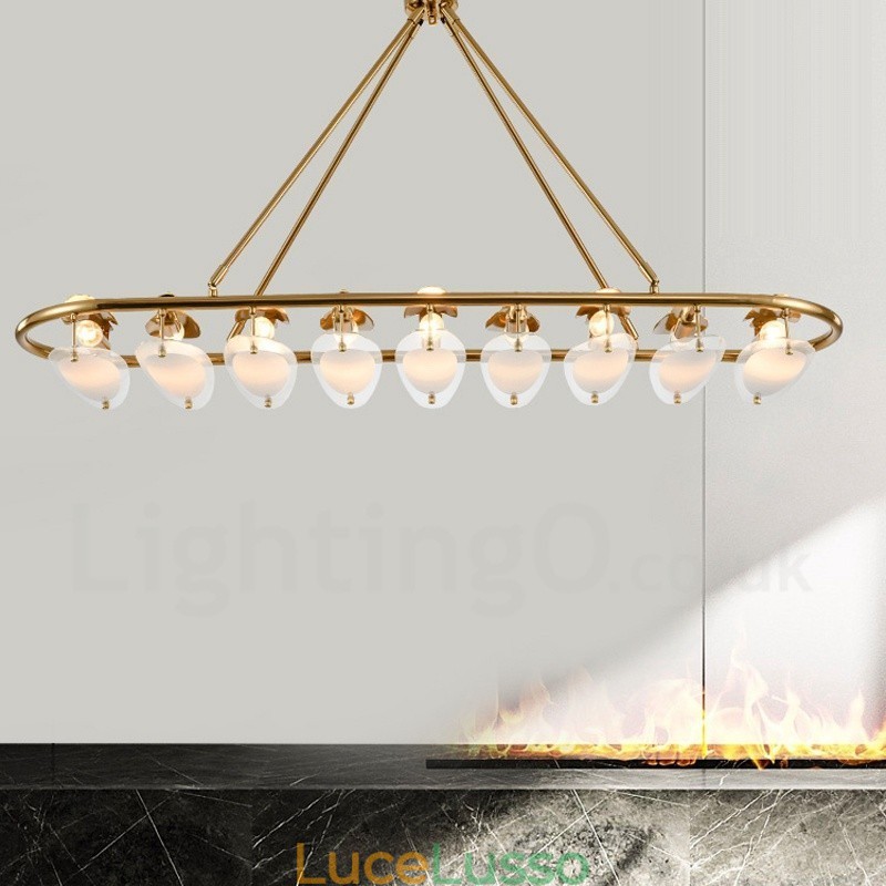 Lampada a sospensione moderna contemporanea in ottone a 9 luci con paralume in vetro