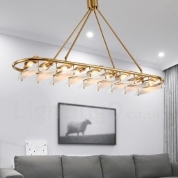 Lampada a sospensione moderna contemporanea in ottone a 9 luci con paralume in vetro