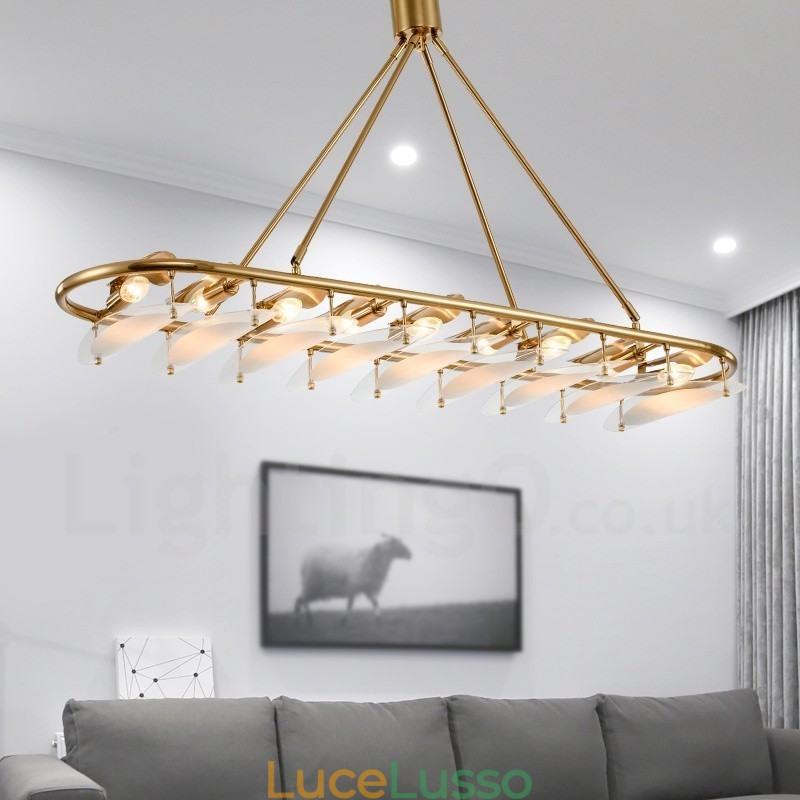 Lampada a sospensione moderna contemporanea in ottone a 9 luci con paralume in vetro