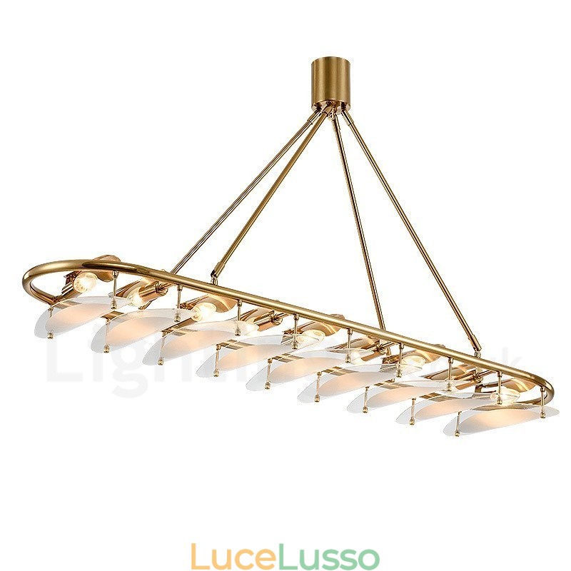 Lampada a sospensione moderna contemporanea in ottone a 9 luci con paralume in vetro