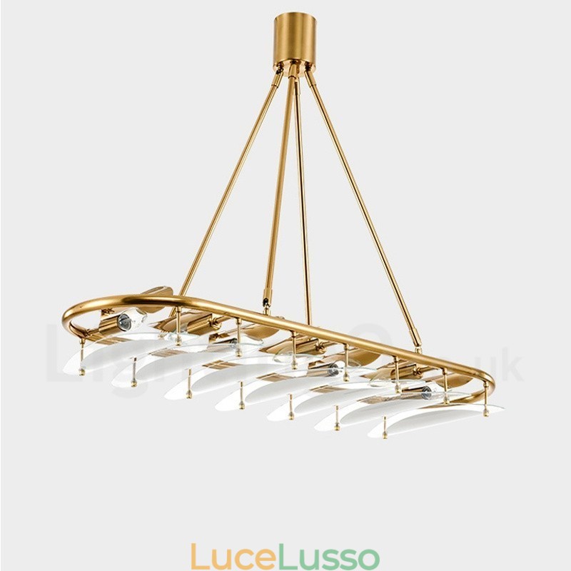 Lampada a sospensione moderna contemporanea in ottone a 9 luci con paralume in vetro