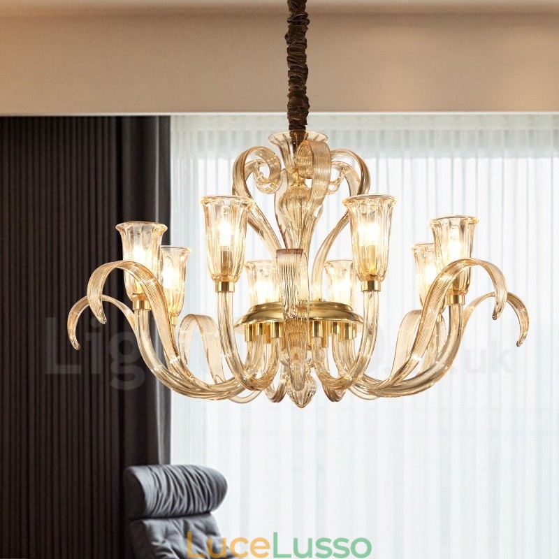 Lampadario moderno contemporaneo in vetro a 8 luci con paralume in vetro