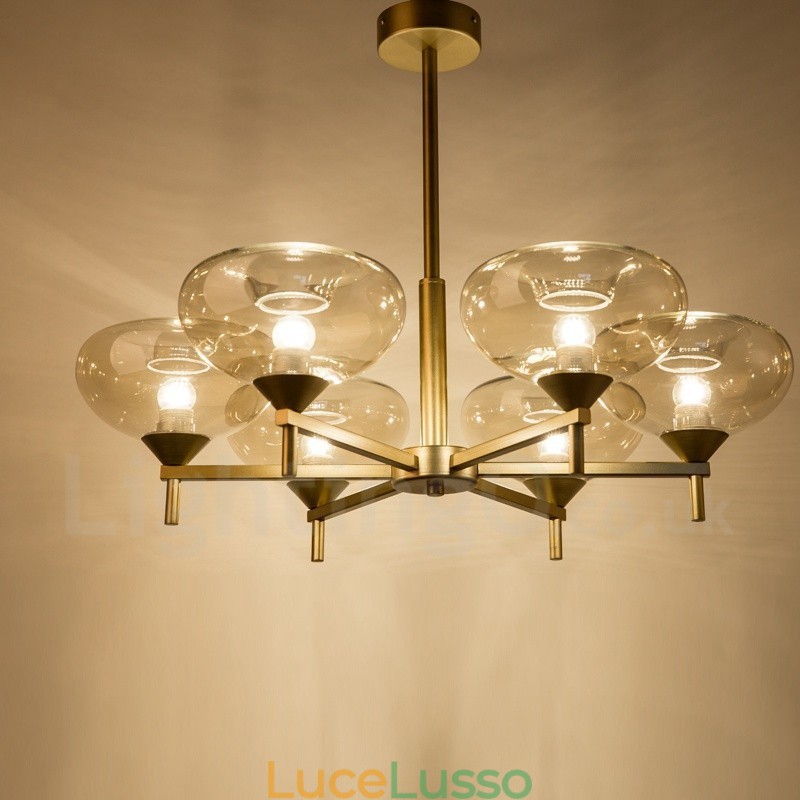 Lampadario moderno contemporaneo in lega di alluminio a 6 luci con paralume in vetro