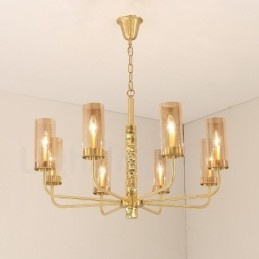 Lampadario moderno contemporaneo in ottone a 8 luci con paralume in vetro