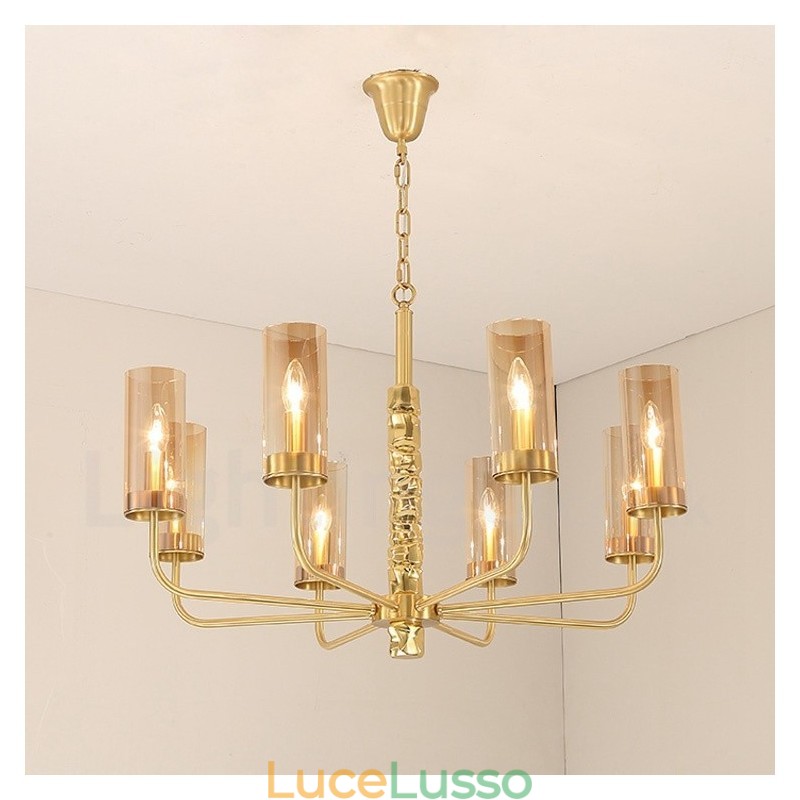 Lampadario moderno contemporaneo in ottone a 8 luci con paralume in vetro
