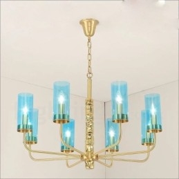 Lampadario moderno contemporaneo in ottone a 8 luci con paralume in vetro
