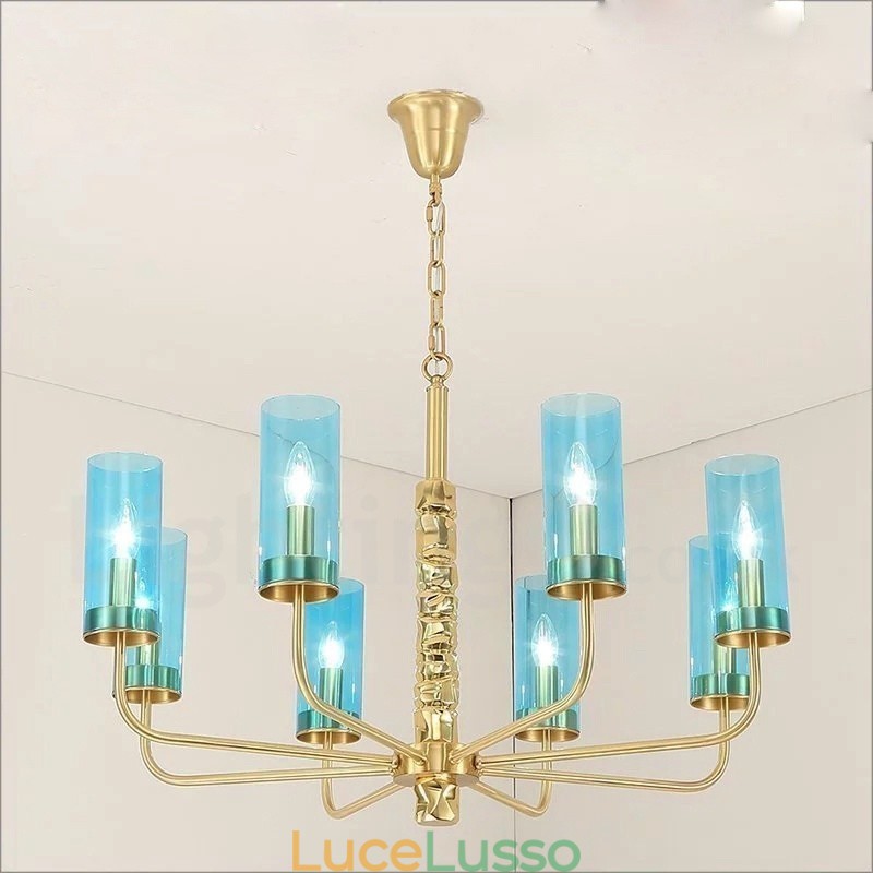 Lampadario moderno contemporaneo in ottone a 8 luci con paralume in vetro