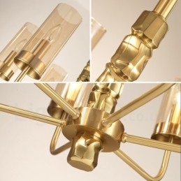 Lampadario moderno contemporaneo in ottone a 8 luci con paralume in vetro