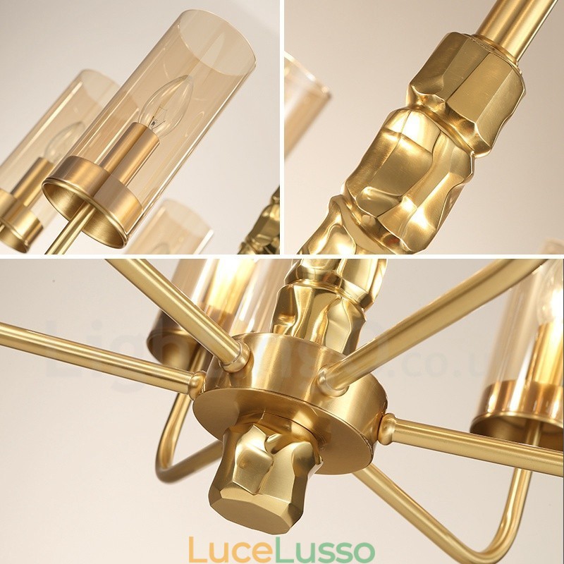 Lampadario moderno contemporaneo in ottone a 8 luci con paralume in vetro