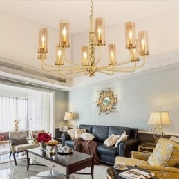 Lampadario moderno contemporaneo in ottone a 10 luci con paralume in vetro