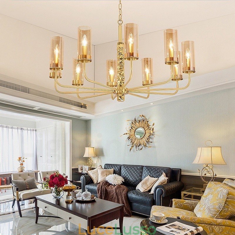 Lampadario moderno contemporaneo in ottone a 10 luci con paralume in vetro