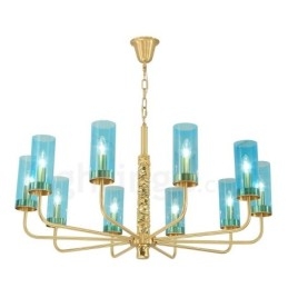 Lampadario moderno contemporaneo in ottone a 10 luci con paralume in vetro