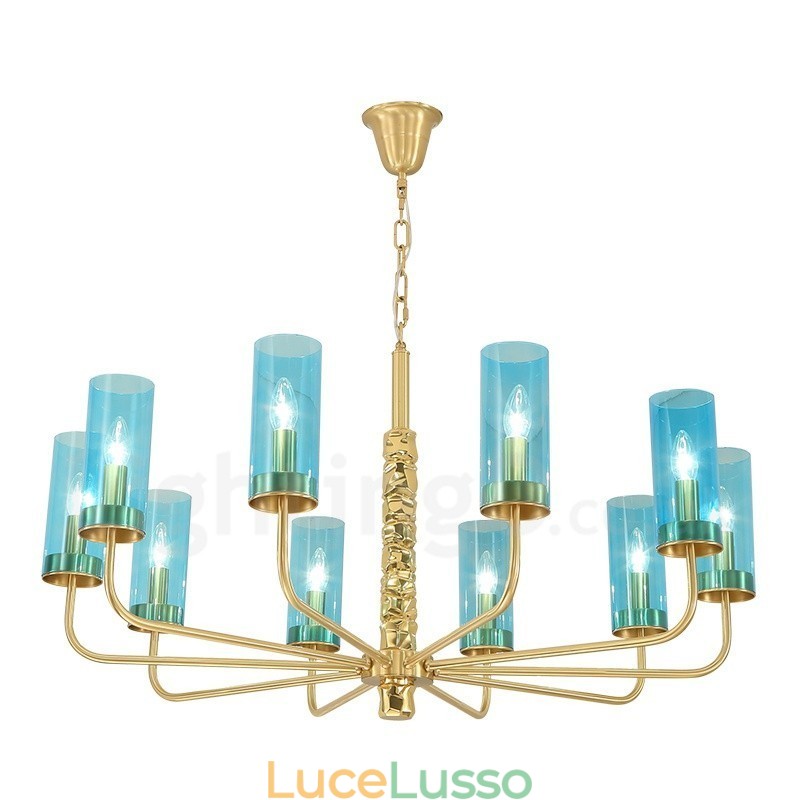 Lampadario moderno contemporaneo in ottone a 10 luci con paralume in vetro