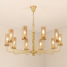 Lampadario moderno contemporaneo in ottone a 10 luci con paralume in vetro