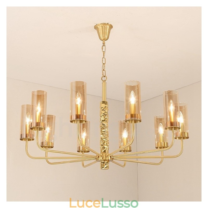 Lampadario moderno contemporaneo in ottone a 10 luci con paralume in vetro