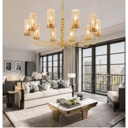 Lampadario moderno contemporaneo in ottone a 10 luci con paralume in vetro