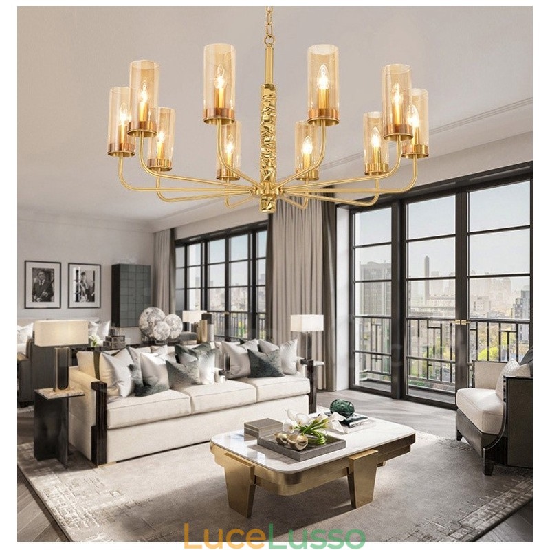 Lampadario moderno contemporaneo in ottone a 10 luci con paralume in vetro