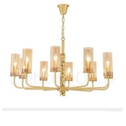 Lampadario moderno contemporaneo in ottone a 10 luci con paralume in vetro