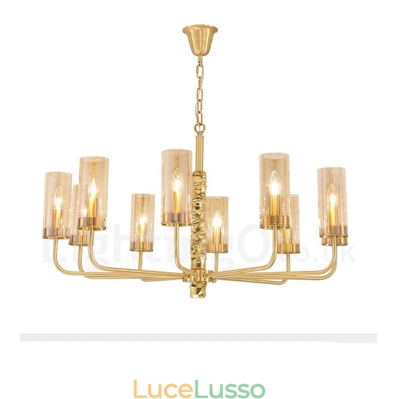 Lampadario moderno contemporaneo in ottone a 10 luci con paralume in vetro