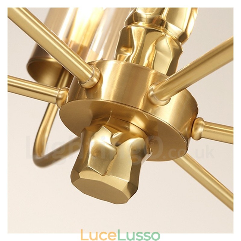 Lampadario moderno contemporaneo in ottone a 10 luci con paralume in vetro