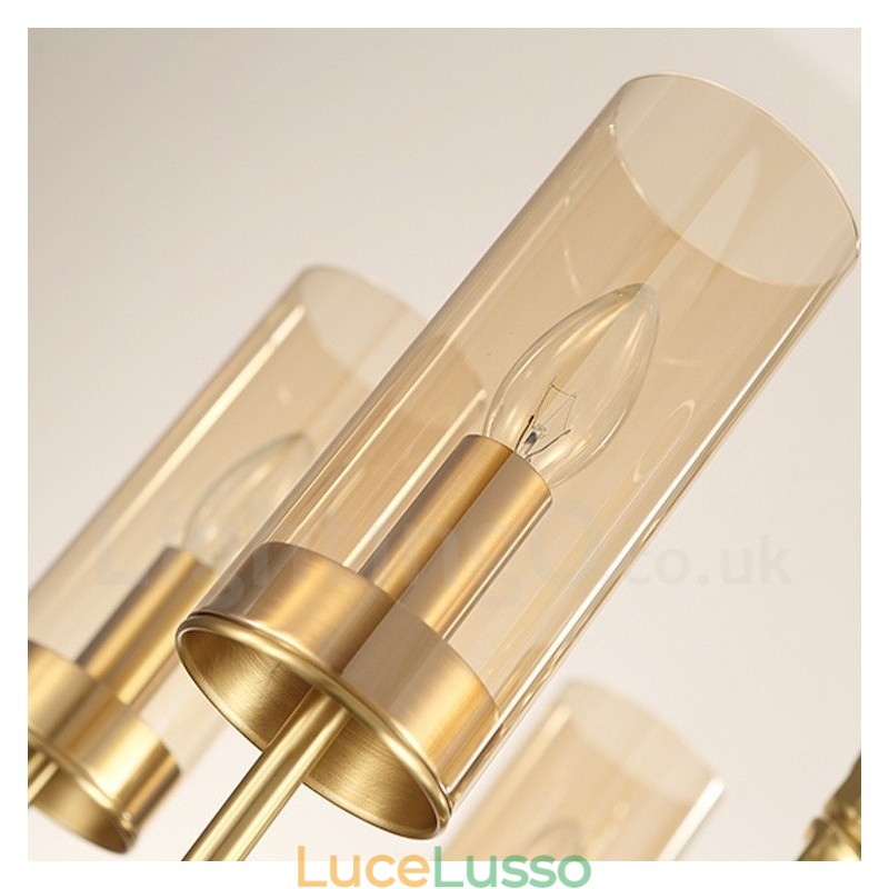 Lampadario moderno contemporaneo in ottone a 10 luci con paralume in vetro
