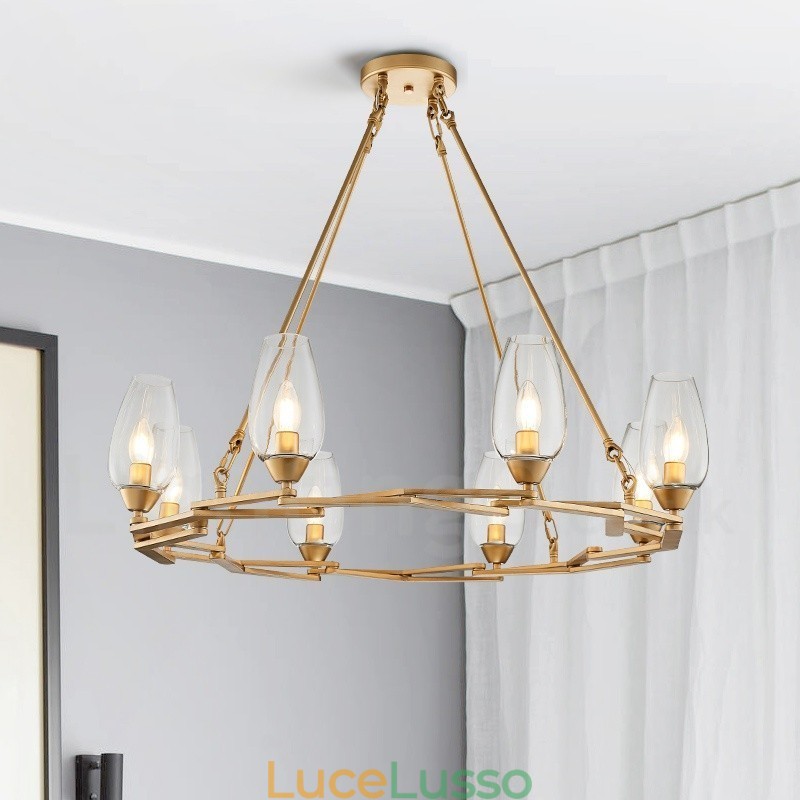 Lampada a sospensione moderna contemporanea in acciaio a 8 luci con paralume in vetro