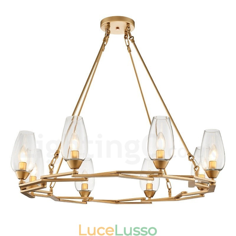 Lampada a sospensione moderna contemporanea in acciaio a 8 luci con paralume in vetro