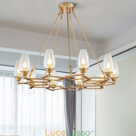 Lampada a sospensione moderna contemporanea in acciaio da 10 luci con paralume in vetro Lampada a sospensione moderna contemporanea in acciaio da 10 luci con paralume in vetro