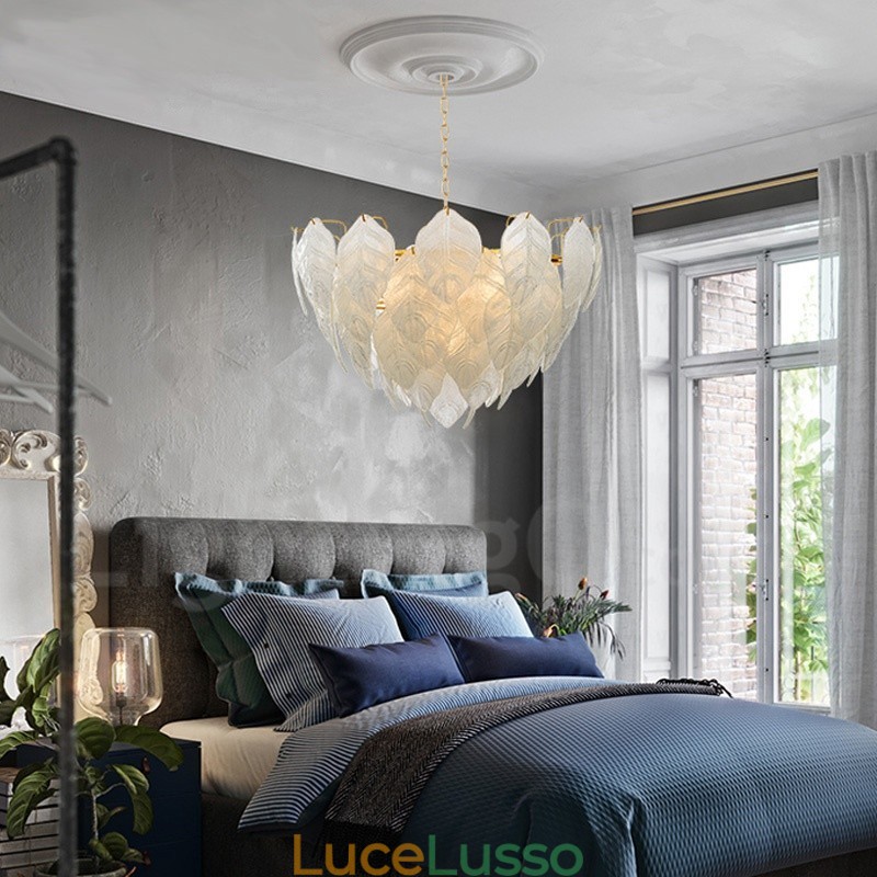 Lampada a sospensione moderna contemporanea in acciaio a 4 luci con paralume in vetro
