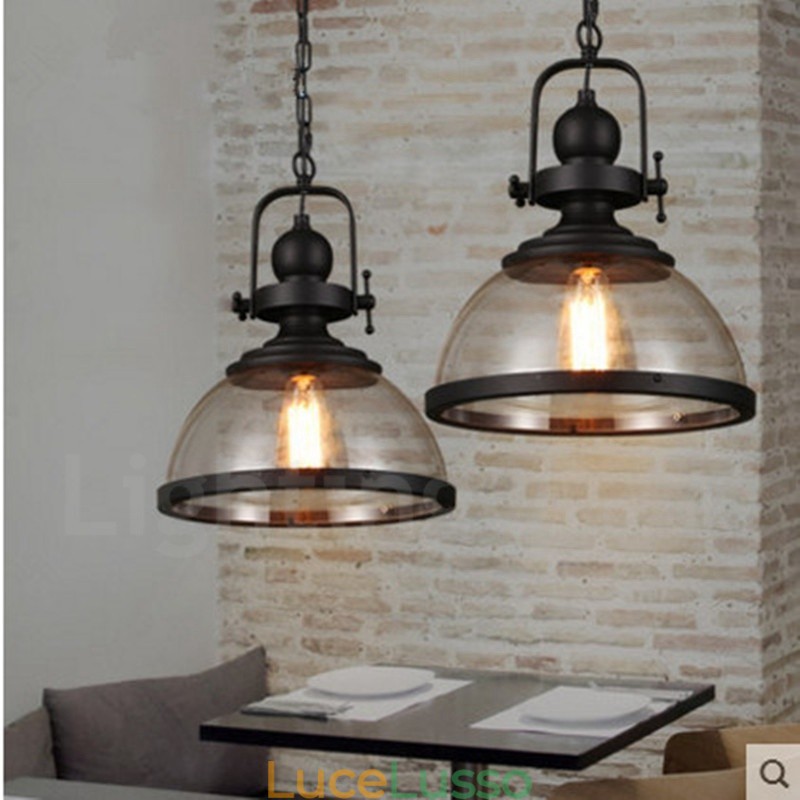 Lampada a sospensione retrò in acciaio con paralume in vetro a 1 luce