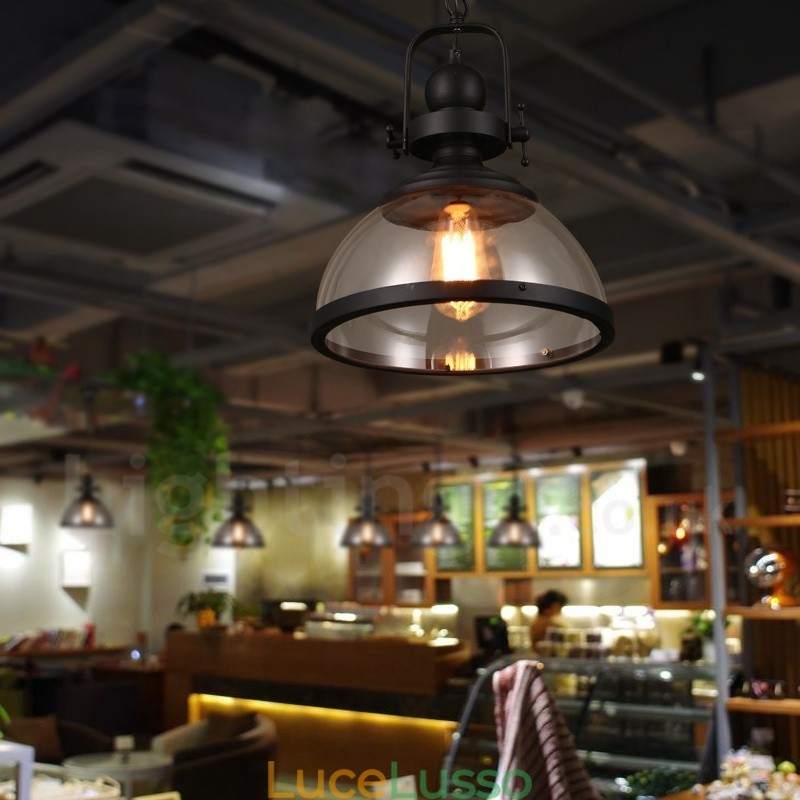 Lampada a sospensione retrò in acciaio con paralume in vetro a 1 luce