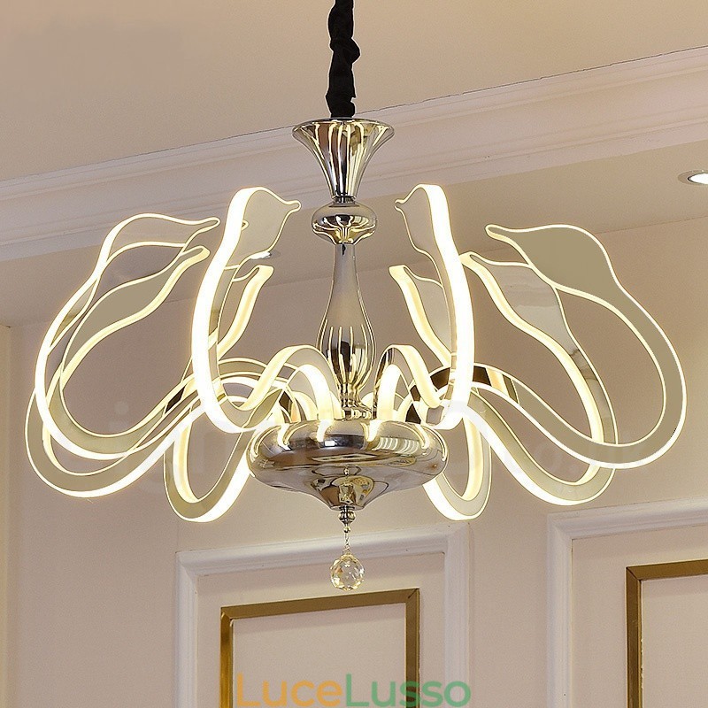 Lampadario moderno contemporaneo dimmerabile a 8 luci in acciaio con paralume in acrilico