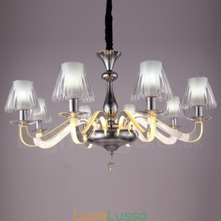 Lampadario moderno contemporaneo dimmerabile a 8 luci in acciaio con paralume in vetro Lampadario moderno contemporaneo dimmerabile a 8 luci in acciaio con paralume in vetro